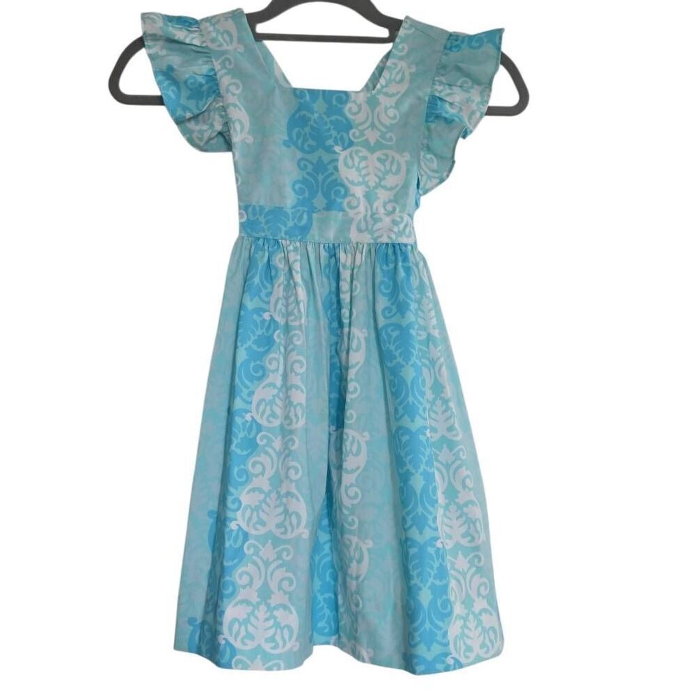 Eleanor Rose Girl's Size 6-7 Blue White Swirl Velma 530 Ruffle Sleeve Sundress